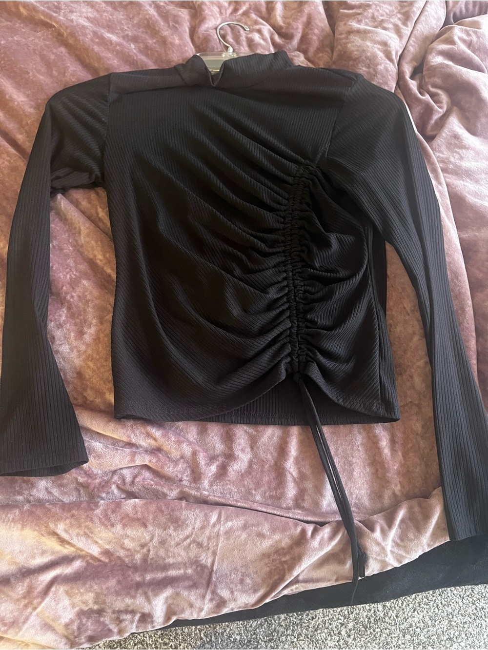 Drawstring Ruched Black Long-Sleeve Top
